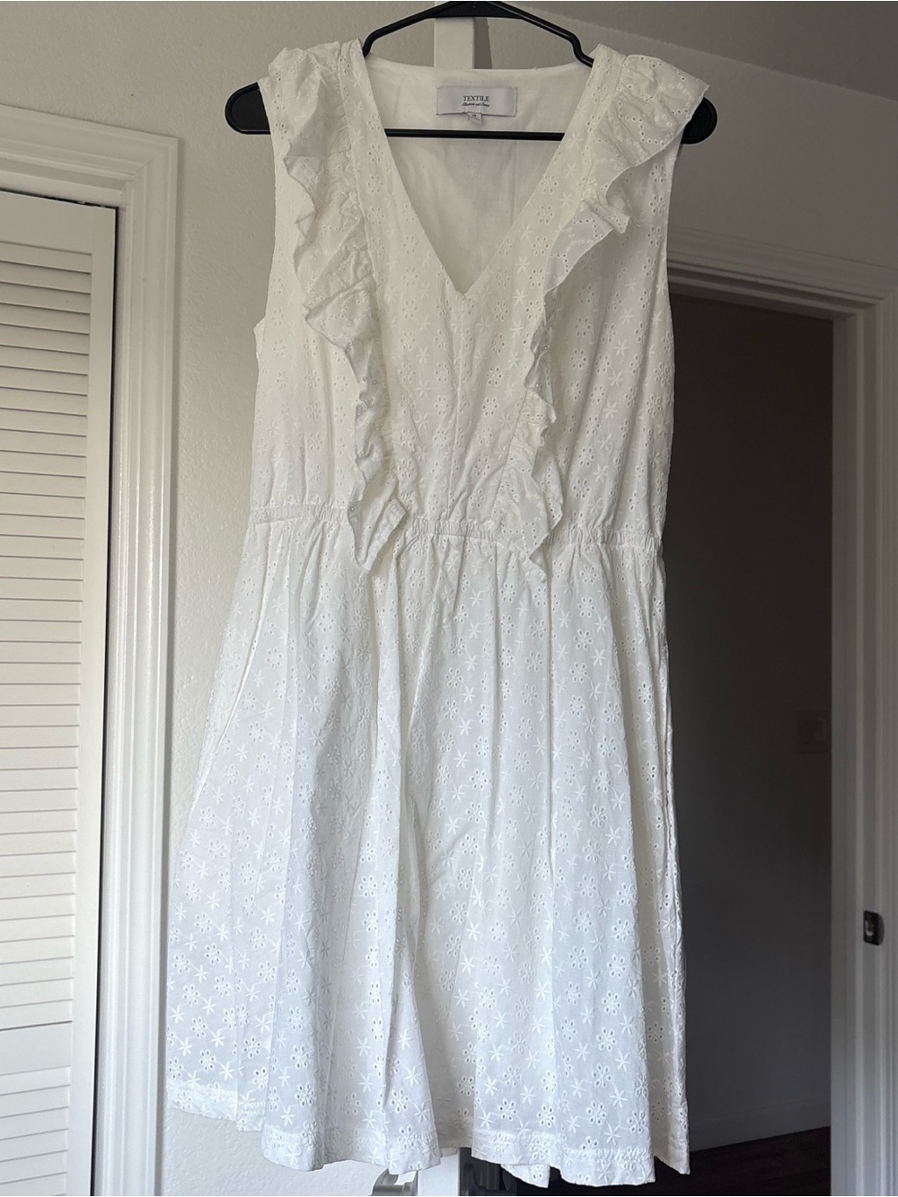 Elizabeth and James White Eyelet Ruffle V-Neck Mini Dress